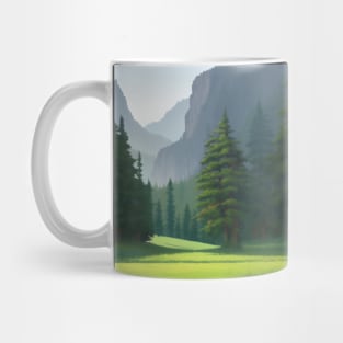 A painting of a forest with mountains in the background Mug